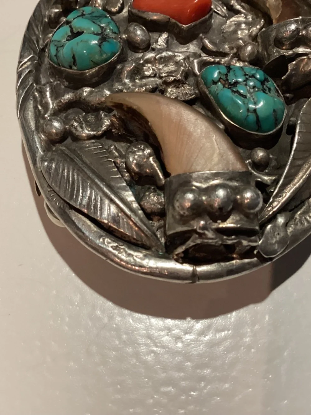BEAR Claw BELT BUCKLE. OLD PAWN ? CORAL TURQUOISE. SIGNED “SC”